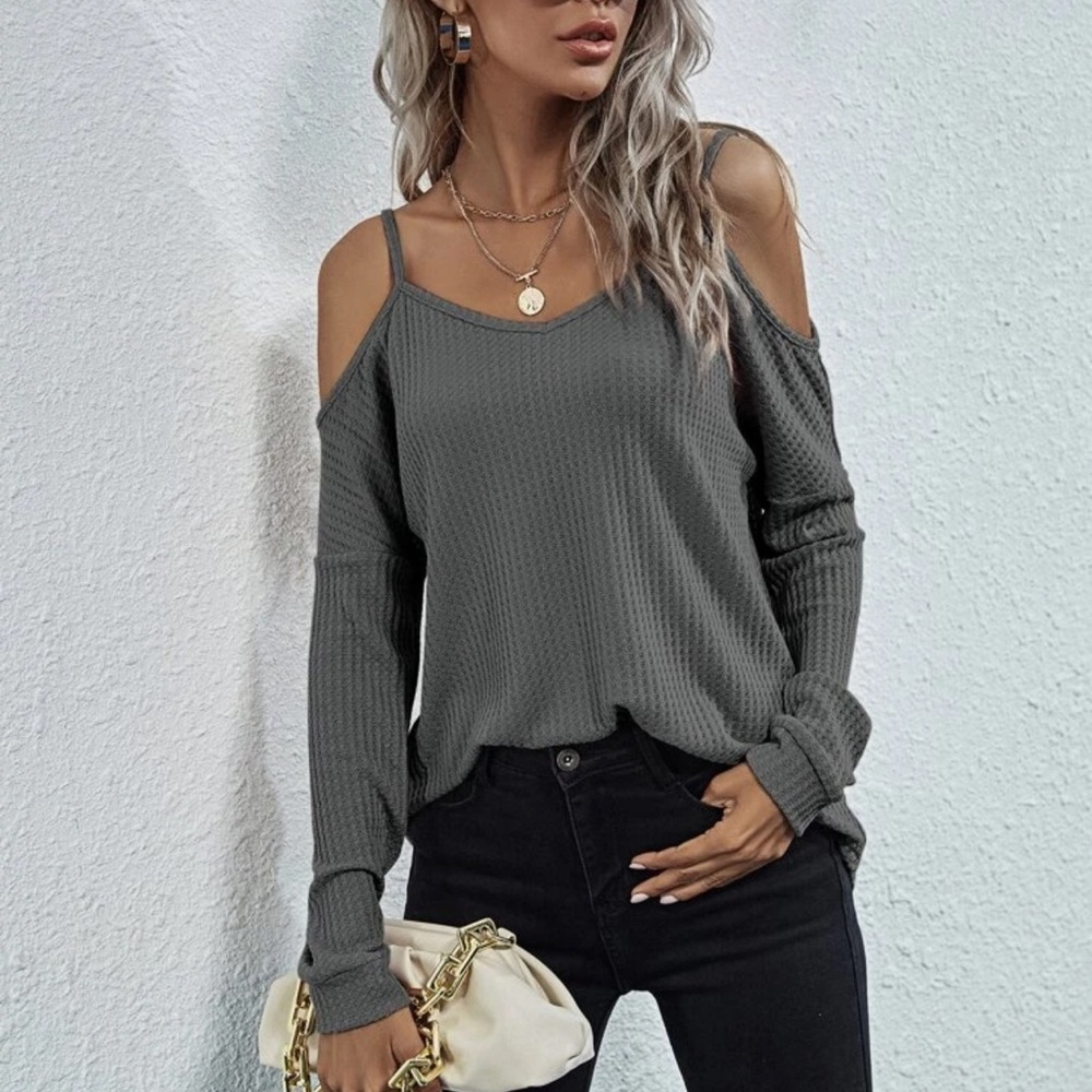Black Waffle knit long sleeve cold shoulder top - Picture 5 of 10